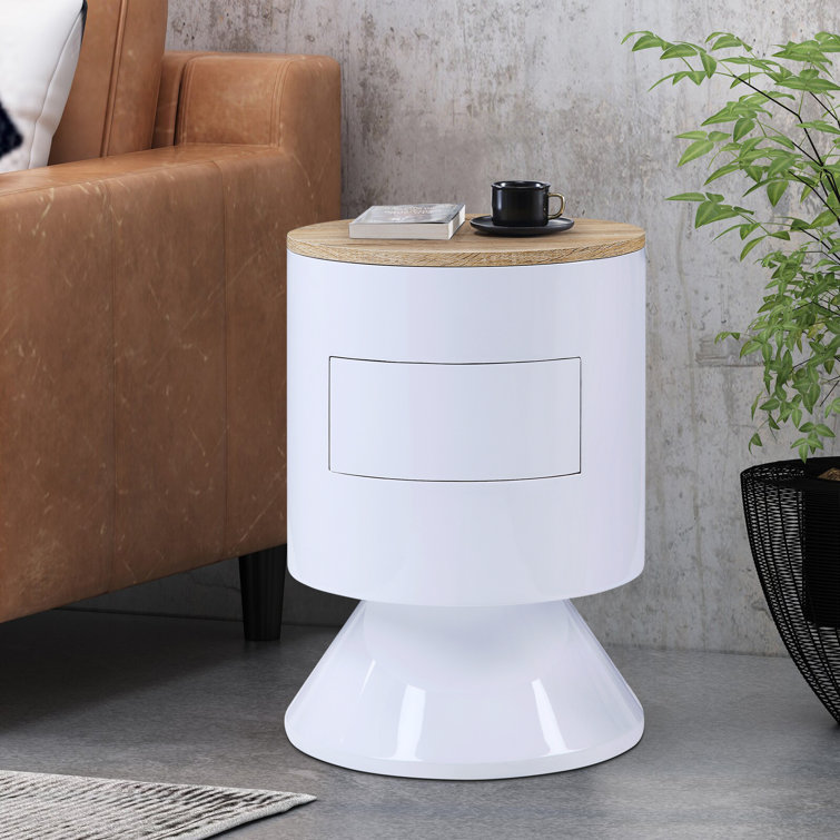 Orren Ellis Flemming White High Gloss 1Drawer Drum Nightstand Wayfair Canada